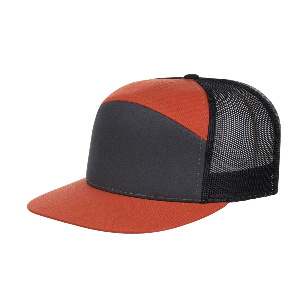 Richardson 168 Custom Patch 7-Panel Trucker Hat – High Profile Flat Bill in Charcoal/Orange/Black