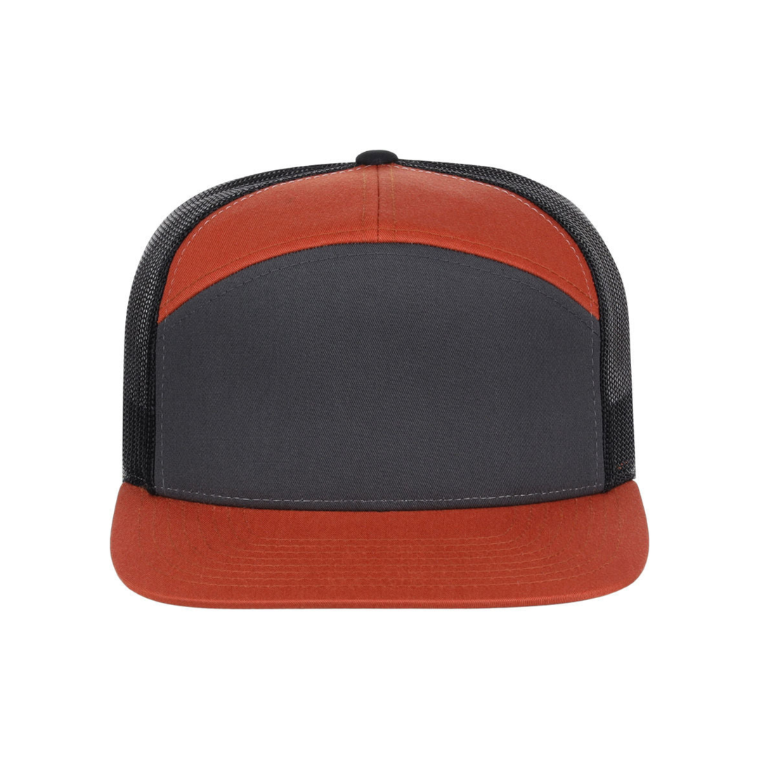 Richardson 168 Custom Patch 7-Panel Trucker Hat – High Profile Flat Bill in Charcoal/Orange/Black - view 2
