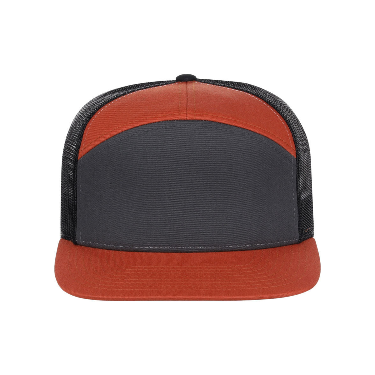 Richardson 168 Custom Patch 7-Panel Trucker Hat – High Profile Flat Bill in Charcoal/Orange/Black - view 2