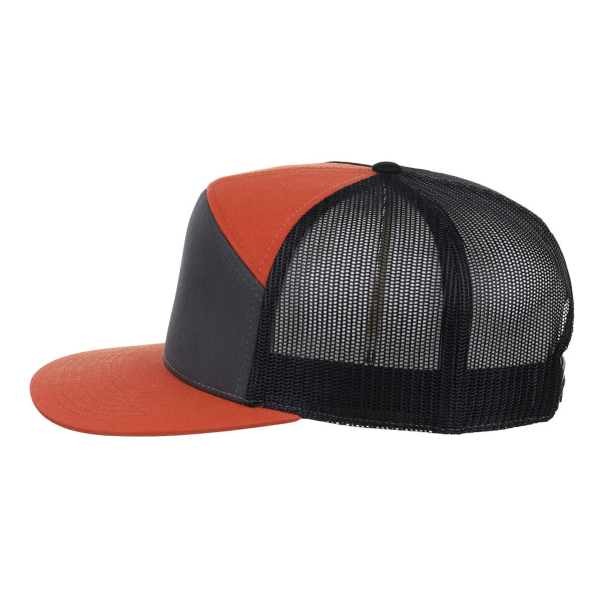 Richardson 168 Custom Patch 7-Panel Trucker Hat – High Profile Flat Bill in Charcoal/Orange/Black - view 3