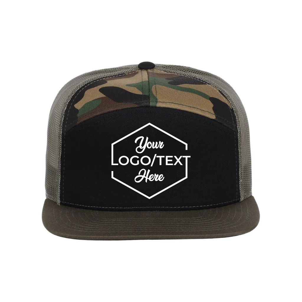 Richardson 168 Custom Patch 7-Panel Trucker Hat – High Profile Flat Bill in Black/Camo - view 5