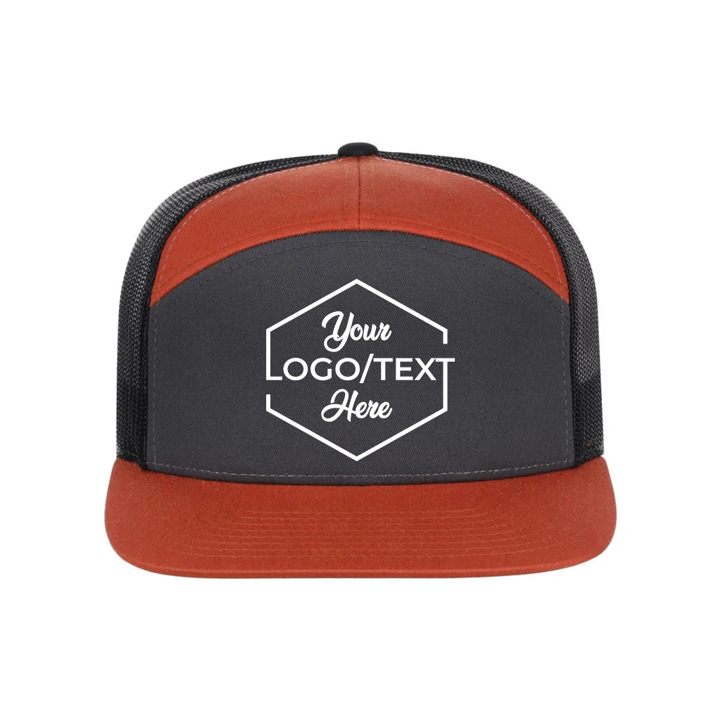 Richardson 168 Custom Patch 7-Panel Trucker Hat – High Profile Flat Bill in Charcoal/Orange/Black - view 5