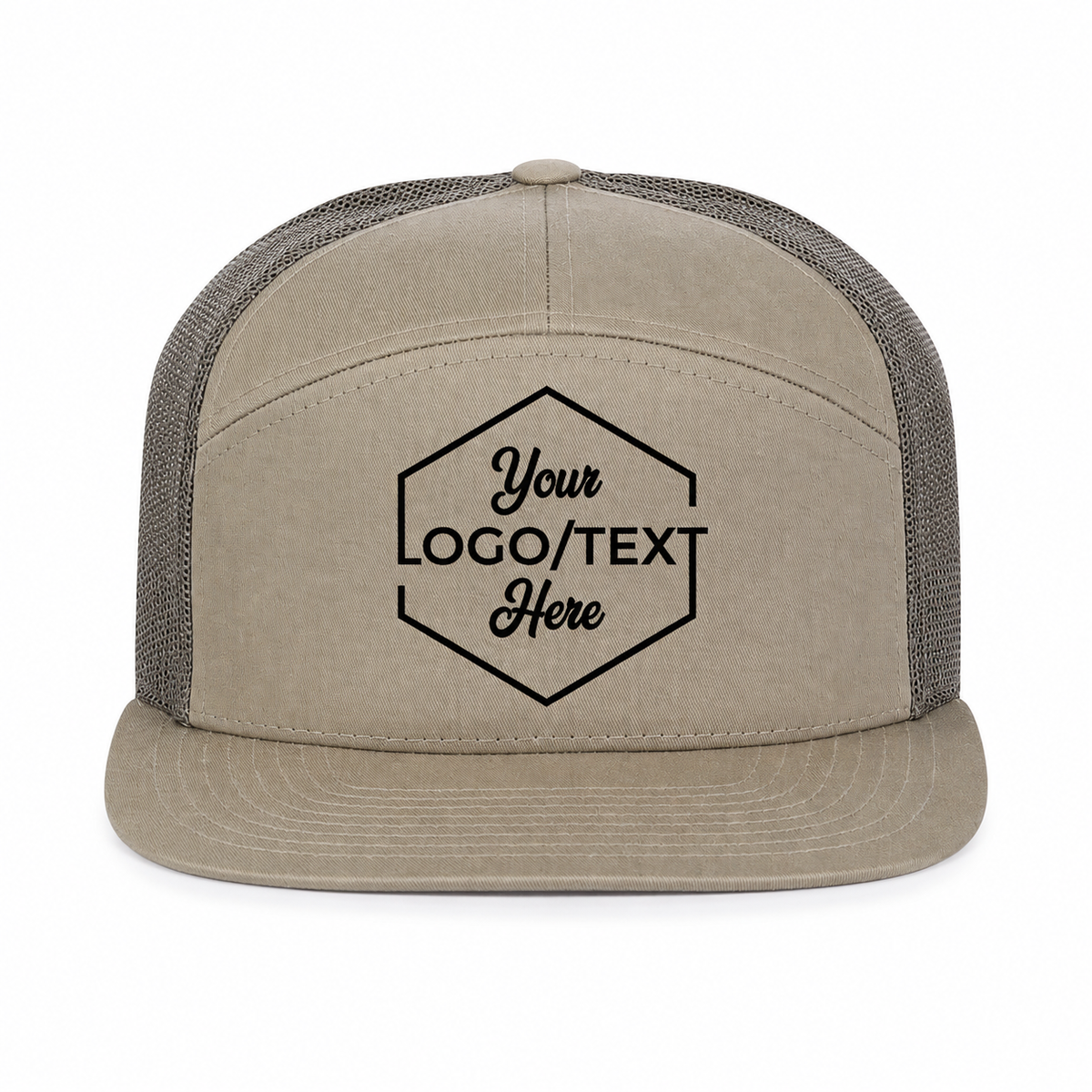 Richardson 168 Custom Patch 7-Panel Trucker Hat – High Profile Flat Bill in Khaki/Light Green - view 5