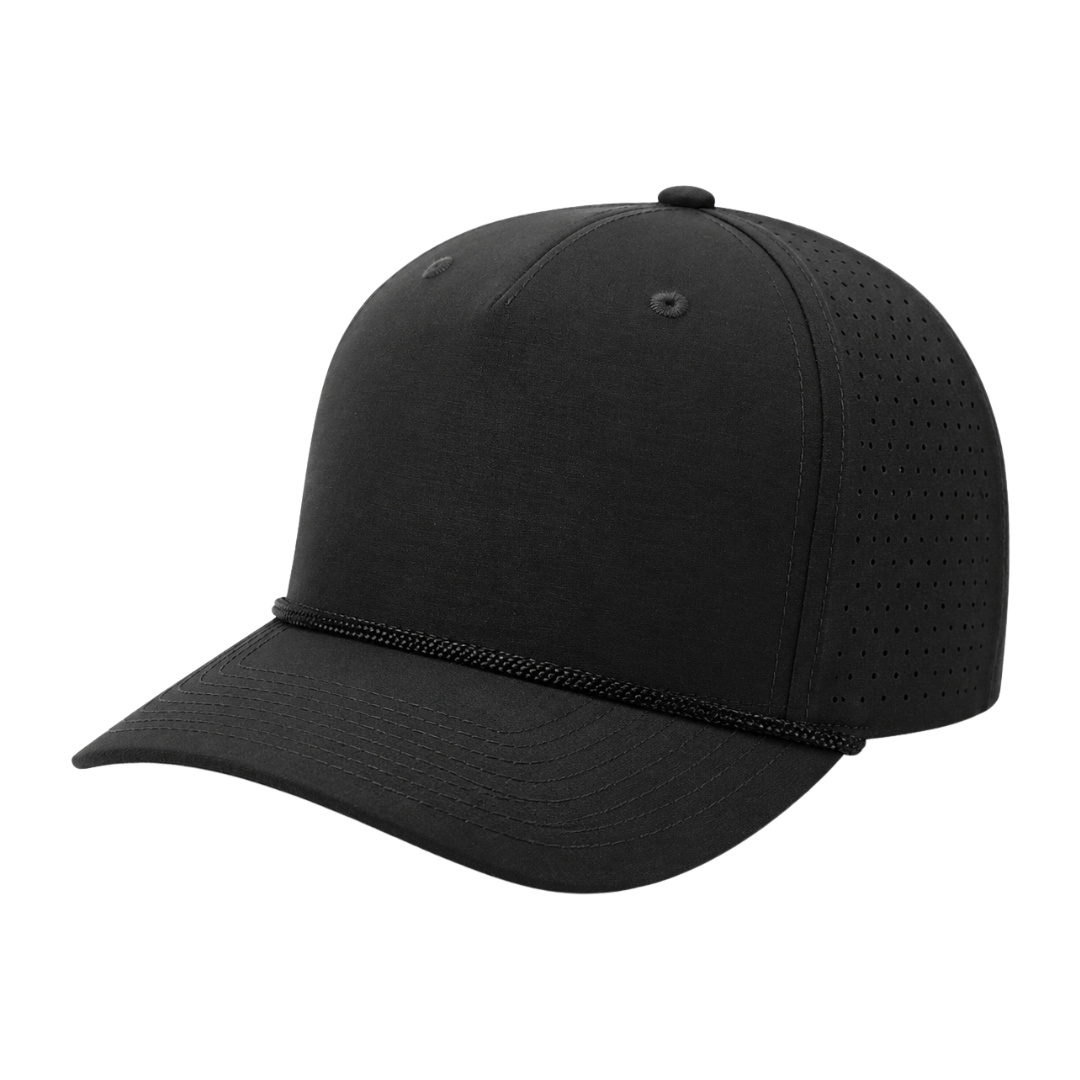 Richardson 355 Custom Patch Performance Rope Hat – Laser Perforated Nylon Snapback | PVC, Leather or Woven Patch - Black/Black/Gray