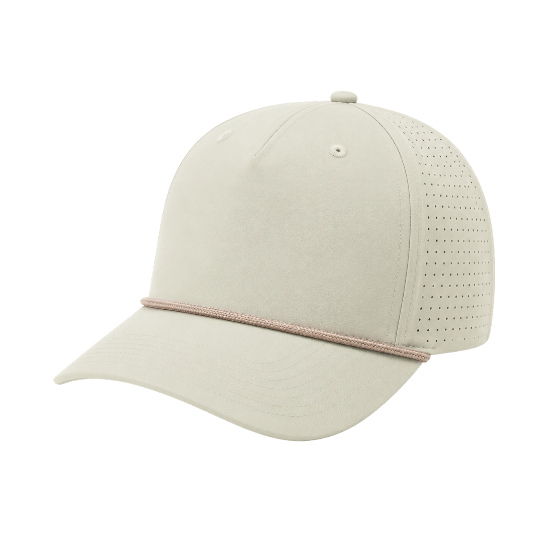 Richardson 355 Custom Patch Performance Rope Hat – Laser Perforated Nylon Snapback | PVC, Leather or Woven Patch - Oat Milk/Elmwood/White