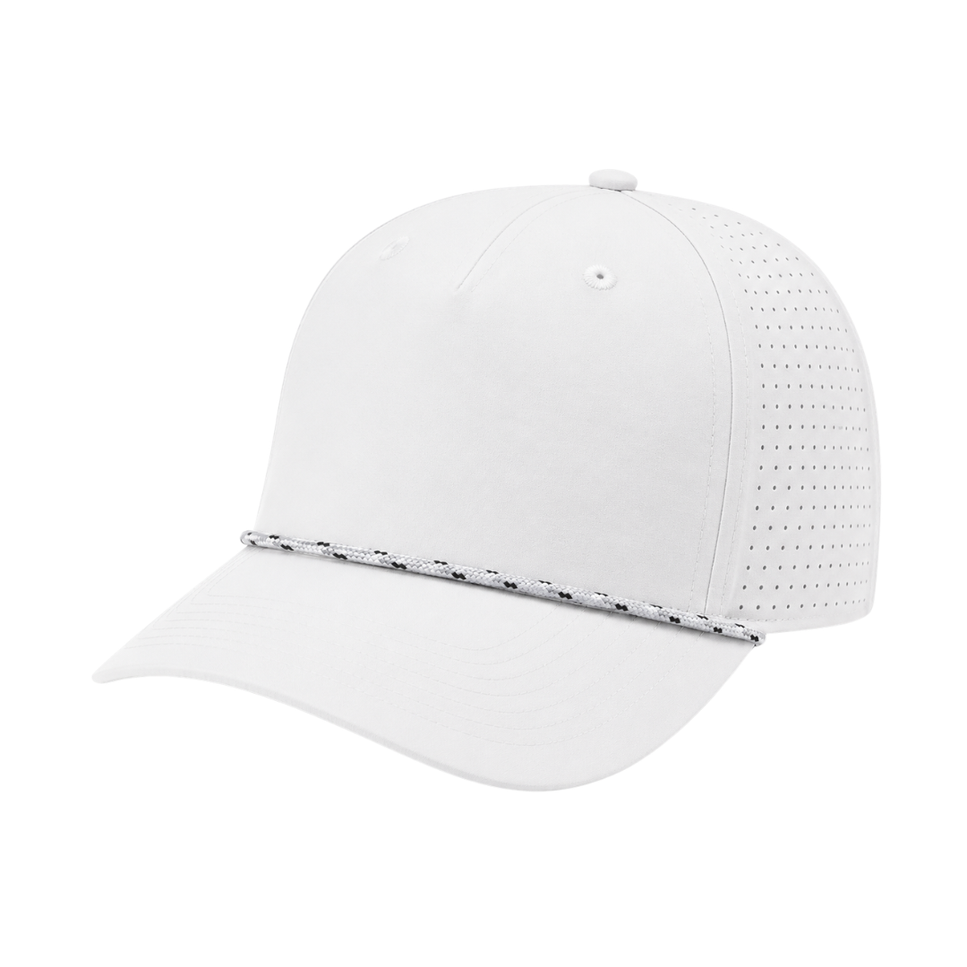 Richardson 355 Custom Patch Performance Rope Hat – Laser Perforated Nylon Snapback | PVC, Leather or Woven Patch - White/White/Black