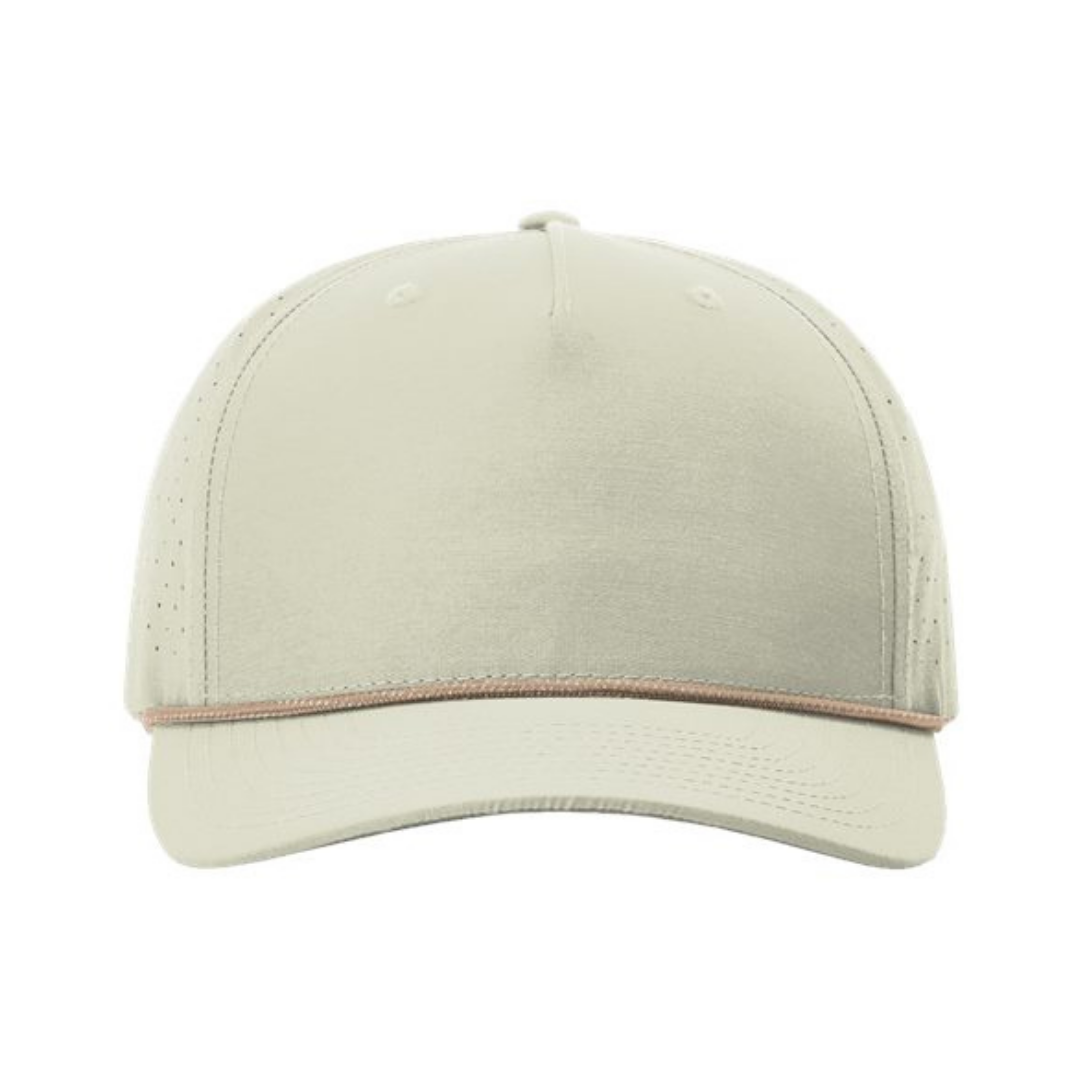 Richardson 355 Custom Patch Performance Rope Hat – Laser Perforated Nylon Snapback | PVC, Leather or Woven Patch - Oat Milk/Elmwood/White