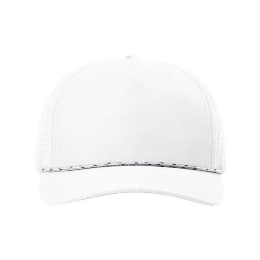 Richardson 355 Custom Patch Performance Rope Hat – Laser Perforated Nylon Snapback | PVC, Leather or Woven Patch - White/White/Black