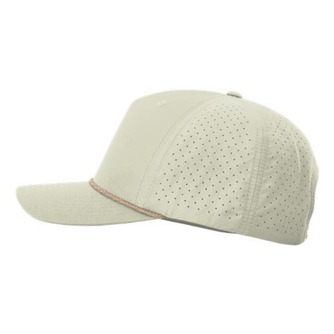 Richardson 355 Custom Patch Performance Rope Hat – Laser Perforated Nylon Snapback | PVC, Leather or Woven Patch - Oat Milk/Elmwood/White