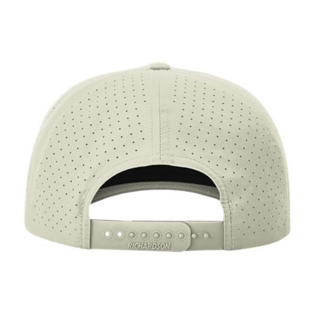 Richardson 355 Custom Patch Performance Rope Hat – Laser Perforated Nylon Snapback | PVC, Leather or Woven Patch - Oat Milk/Elmwood/White