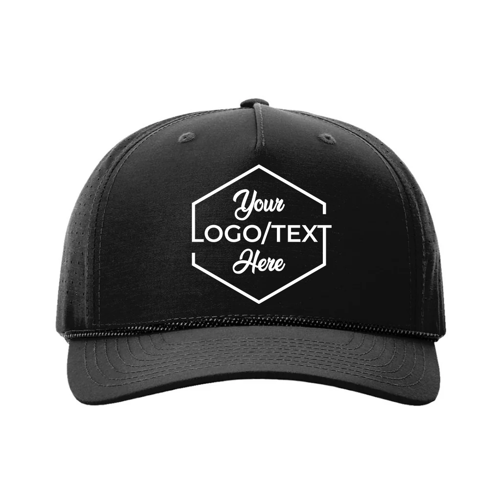 Richardson 355 Custom Patch Performance Rope Hat – Laser Perforated Nylon Snapback | PVC, Leather or Woven Patch - Black/Black/Gray