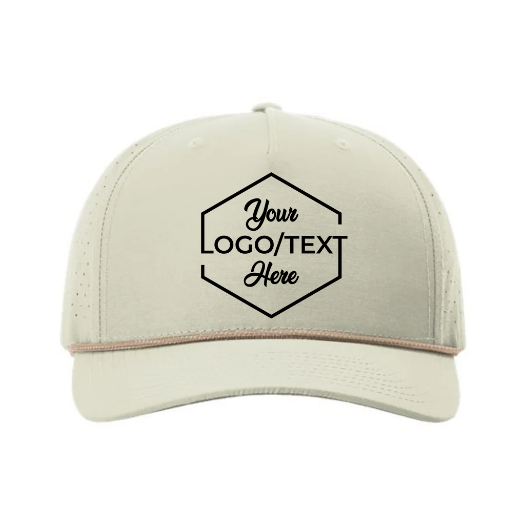 Richardson 355 Custom Patch Performance Rope Hat – Laser Perforated Nylon Snapback | PVC, Leather or Woven Patch - Oat Milk/Elmwood/White