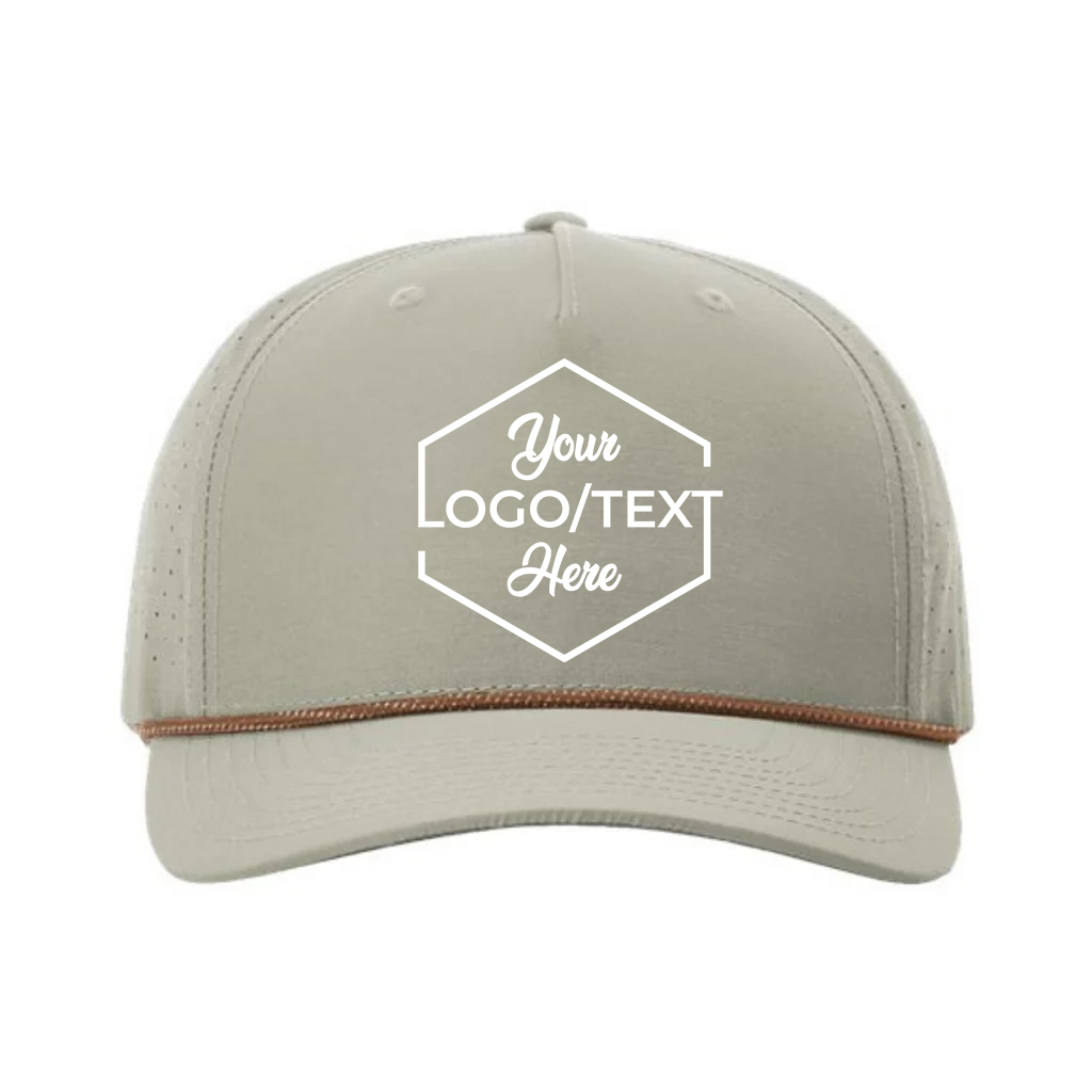 Richardson 355 Custom Patch Performance Rope Hat – Laser Perforated Nylon Snapback | PVC, Leather or Woven Patch - Trenchcoat/Russet/Gray