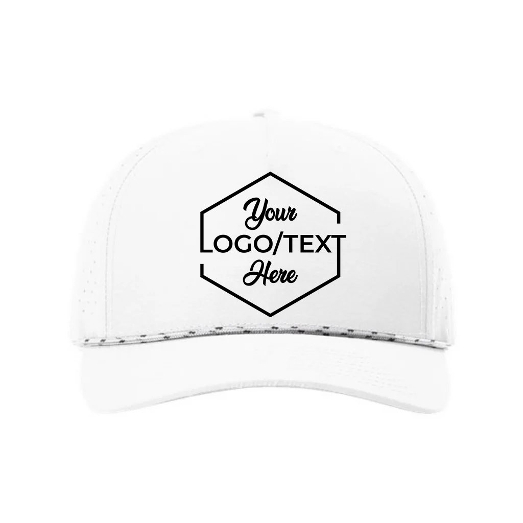 Richardson 355 Custom Patch Performance Rope Hat – Laser Perforated Nylon Snapback | PVC, Leather or Woven Patch - White/White/Black