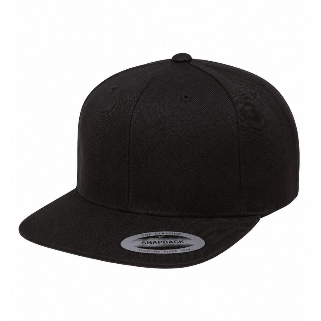 Yupoong 6089M Custom Patch Flat Bill Snapback – High Profile in Black