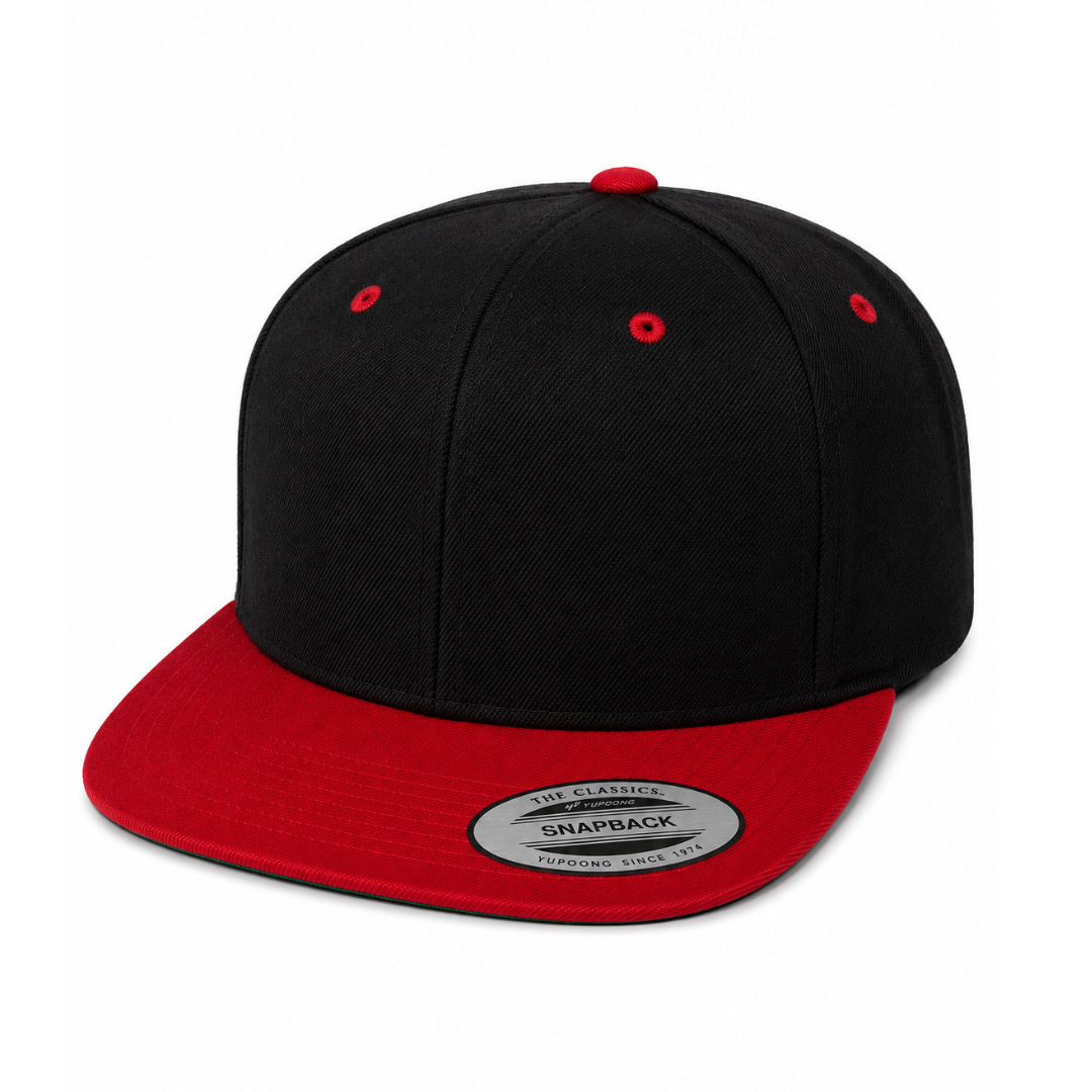 Yupoong 6089M Custom Patch Flat Bill Snapback – High Profile in Black/Red