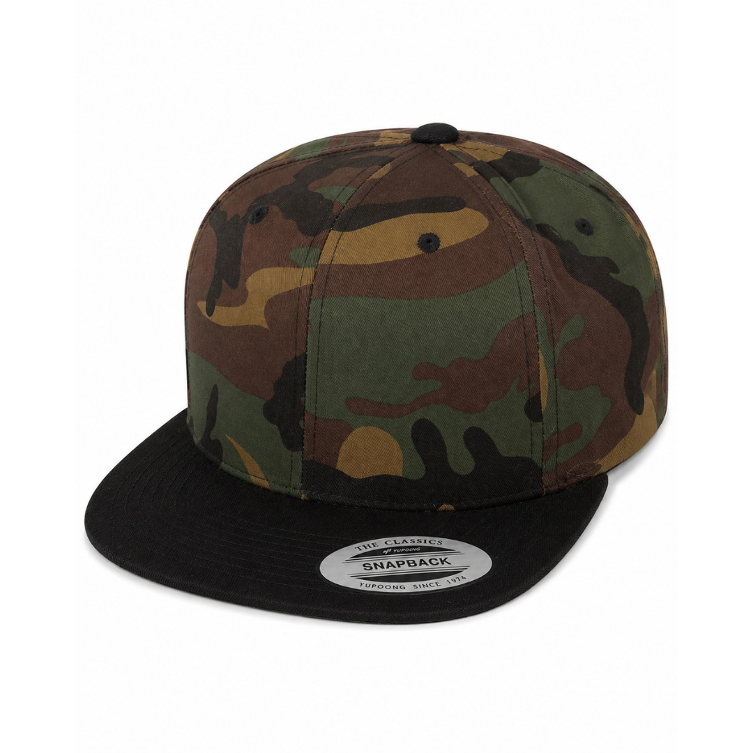 Yupoong 6089M Custom Patch Flat Bill Snapback – High Profile in Camo Black