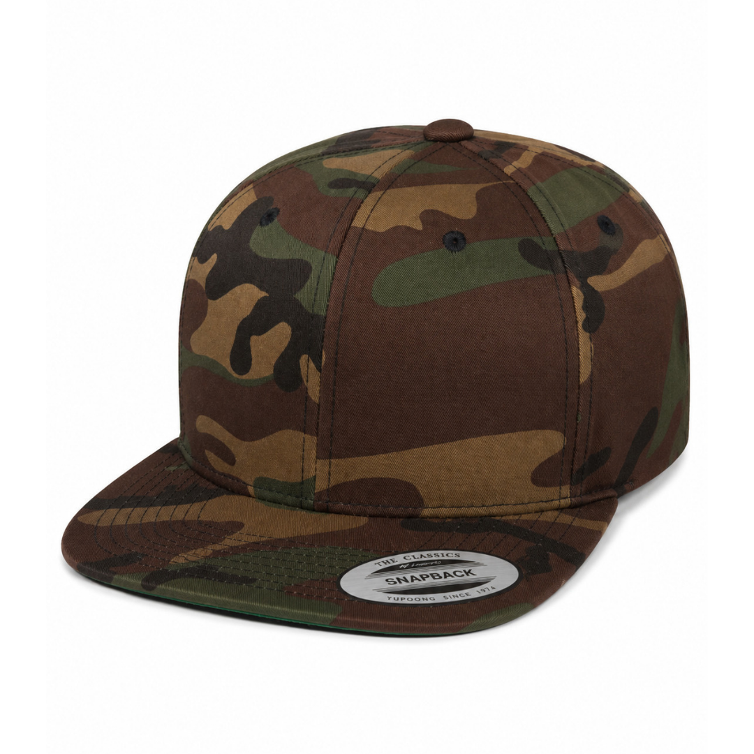 Yupoong 6089M Custom Patch Flat Bill Snapback – High Profile in Green Camo