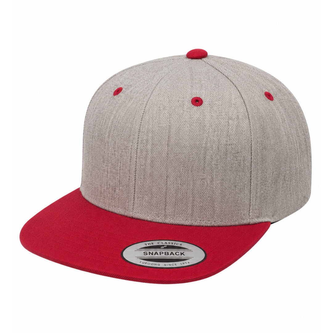 Yupoong 6089M Custom Patch Flat Bill Snapback – High Profile in Heather Gray/Red