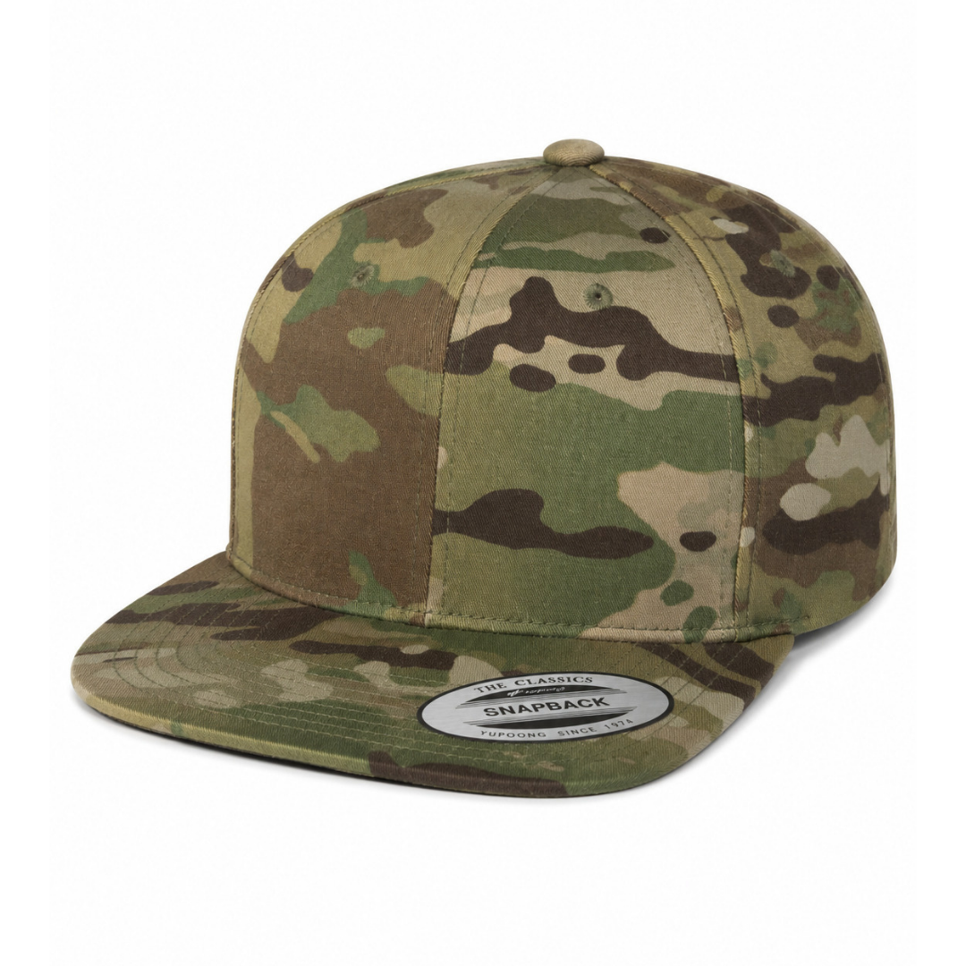 Yupoong 6089M Custom Patch Flat Bill Snapback – High Profile in Multicam Green