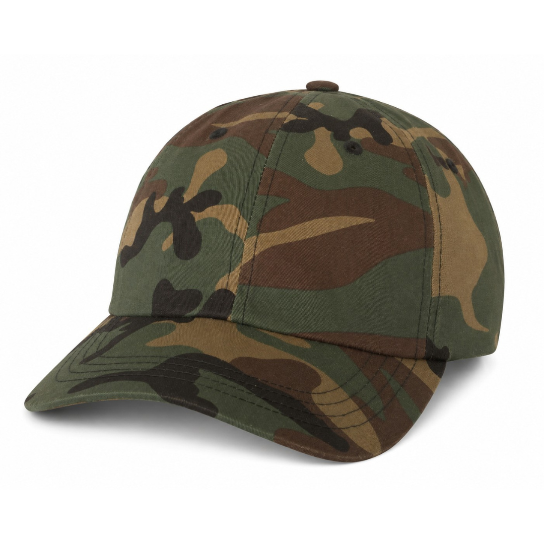 Yupoong 6245CM Custom Patch Dad Hat – Unstructured Cotton in Green Camo