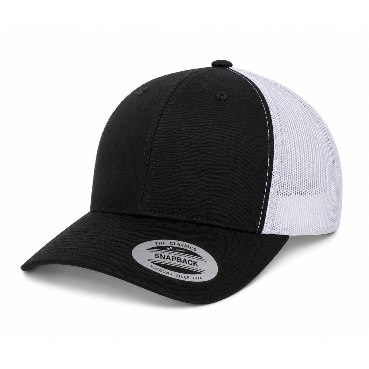 Yupoong 6606 Custom Patch Retro Trucker Hat – Mesh Back Snapback in Black/White