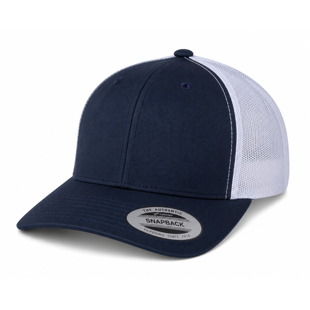 Yupoong 6606 Custom Patch Retro Trucker Hat – Mesh Back Snapback in Navy/White