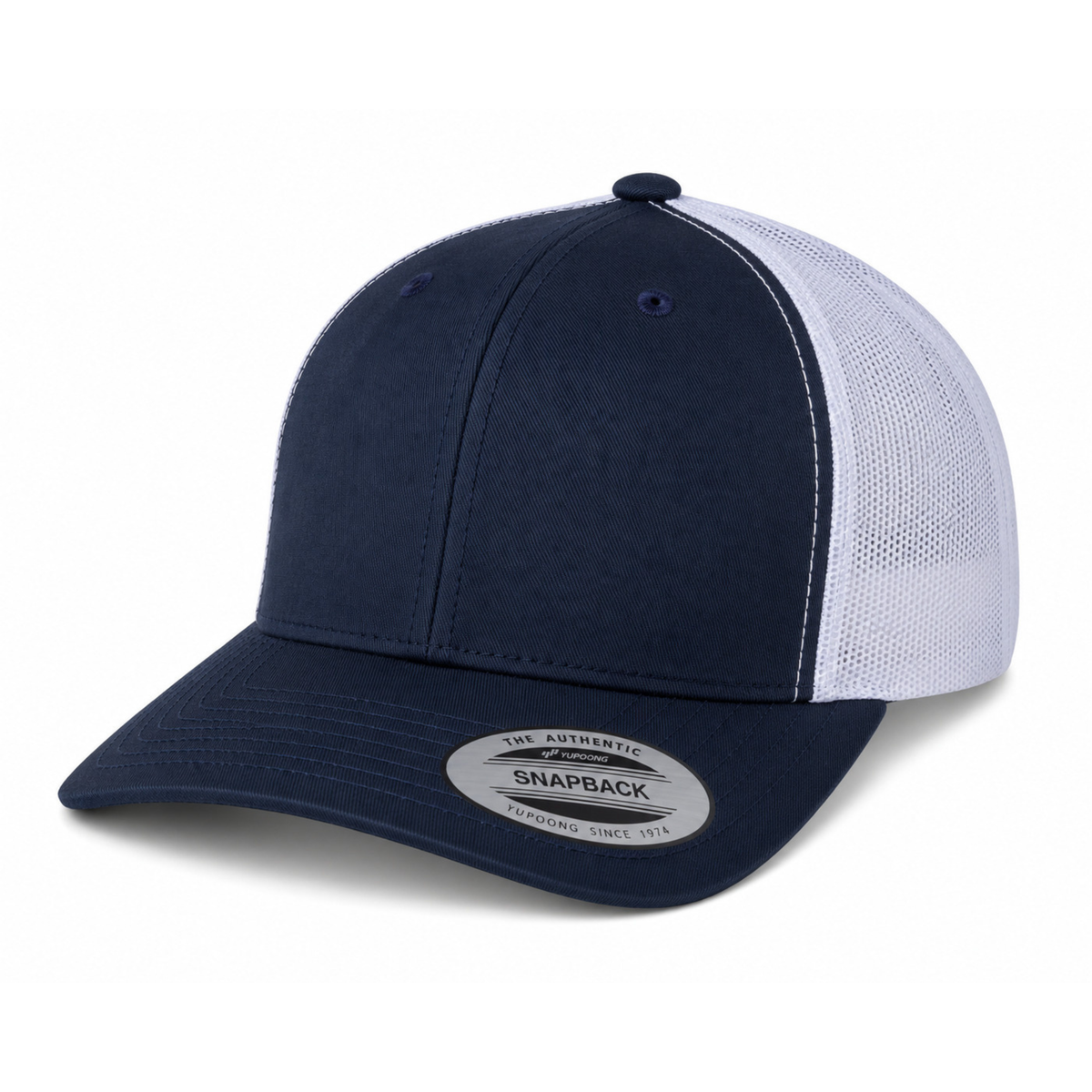 Yupoong 6606 Custom Patch Retro Trucker Hat – Mesh Back Snapback in Navy/White