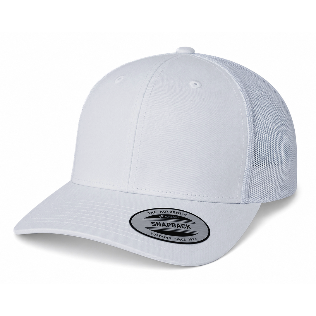 Yupoong 6606 Custom Patch Retro Trucker Hat – Mesh Back Snapback in White