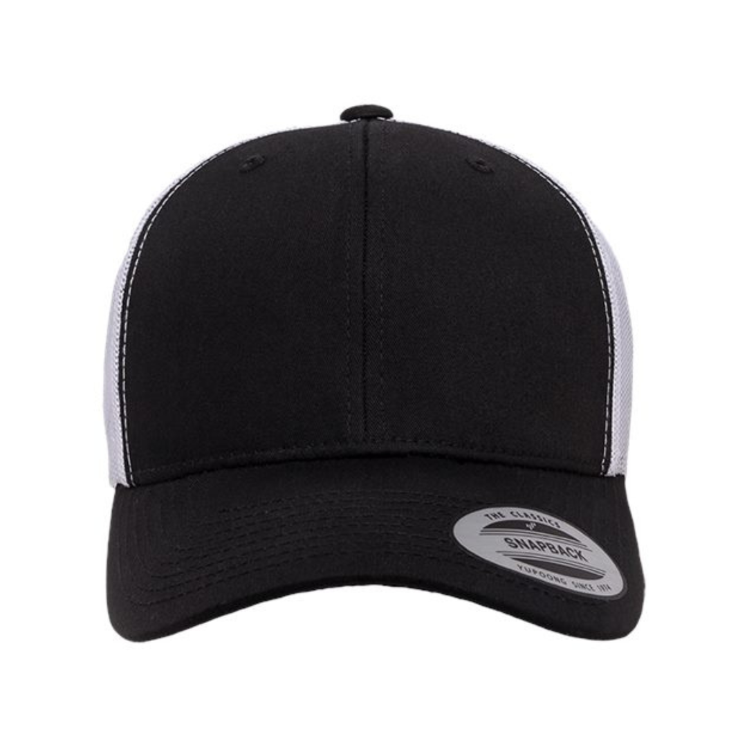 Yupoong 6606 Custom Patch Retro Trucker Hat – Mesh Back Snapback in Black/White - view 2