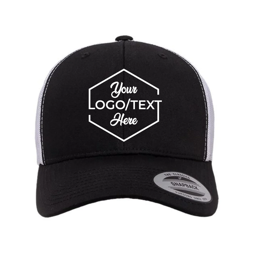 Yupoong 6606 Custom Patch Retro Trucker Hat – Mesh Back Snapback in Black/White - view 5